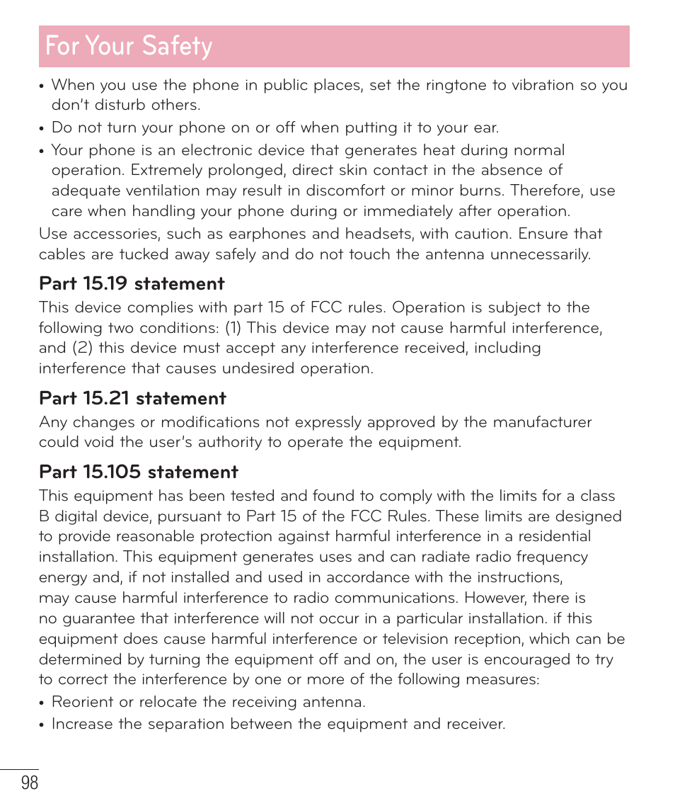 For your safety, Part 15.19 statement, Part 15.21 statement | LG LGD415RD User Manual | Page 99 / 121