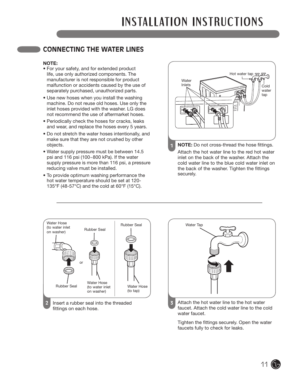 Connecting the water lines | LG WM1377HW User Manual | Page 12 / 101