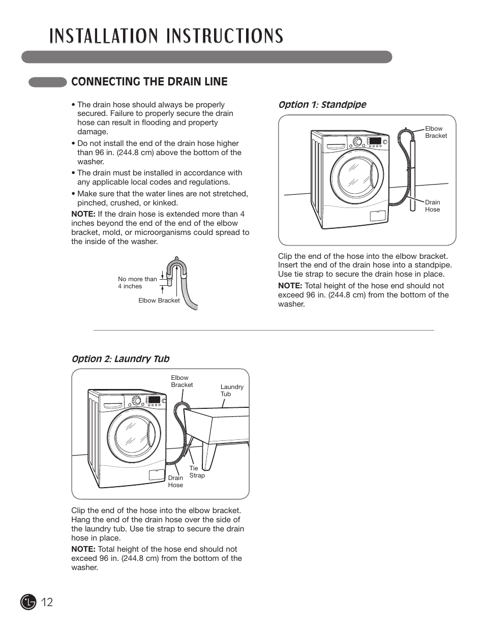 Connecting the drain line | LG WM1377HW User Manual | Page 13 / 101