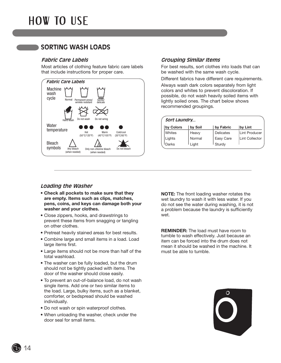 H o w to u s e, Sorting wash loads | LG WM1377HW User Manual | Page 15 / 101