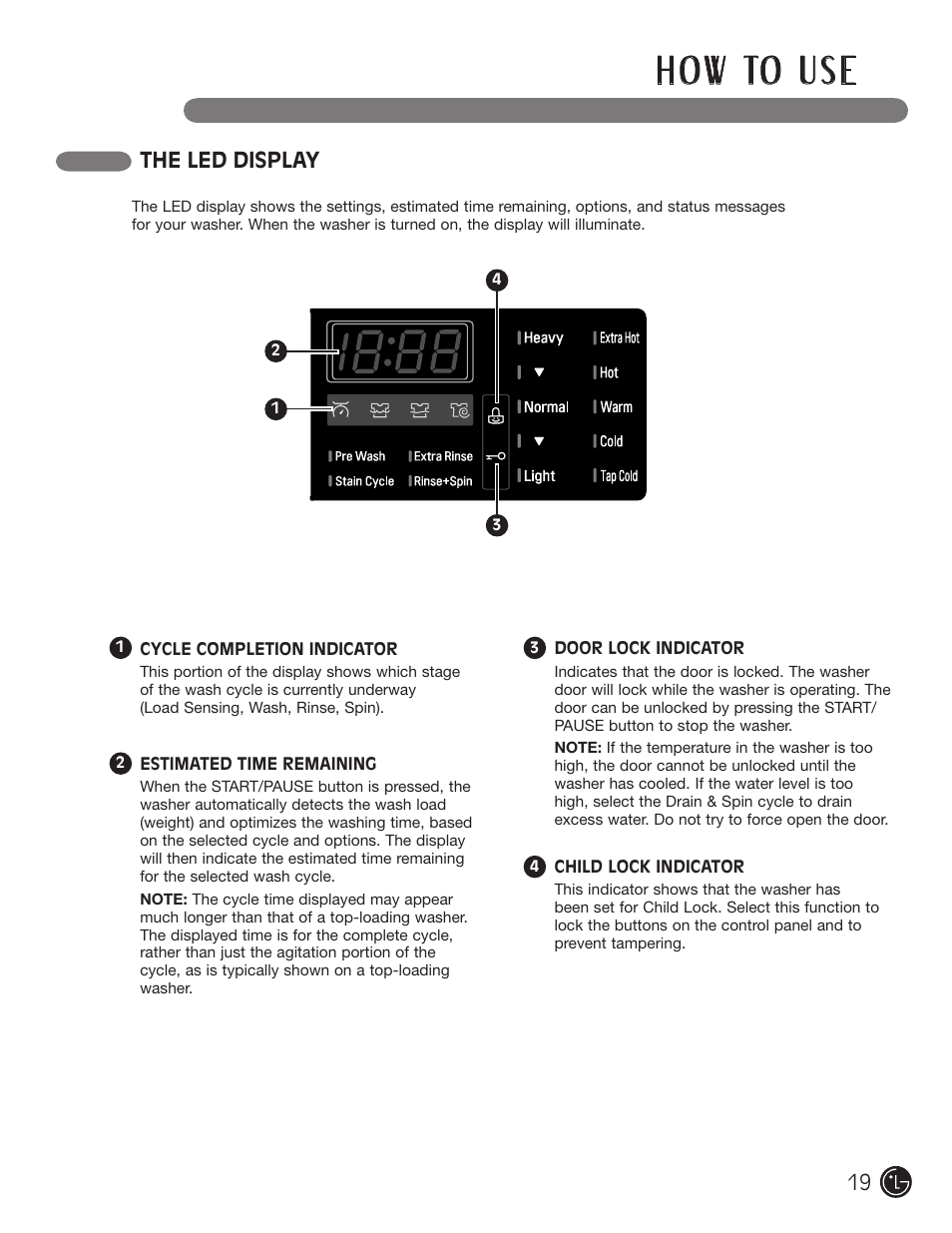 H o w to u s e, The led display | LG WM1377HW User Manual | Page 20 / 101
