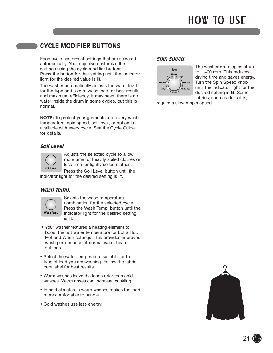H o w to u s e, Cycle modifier buttons | LG WM1377HW User Manual | Page 22 / 101