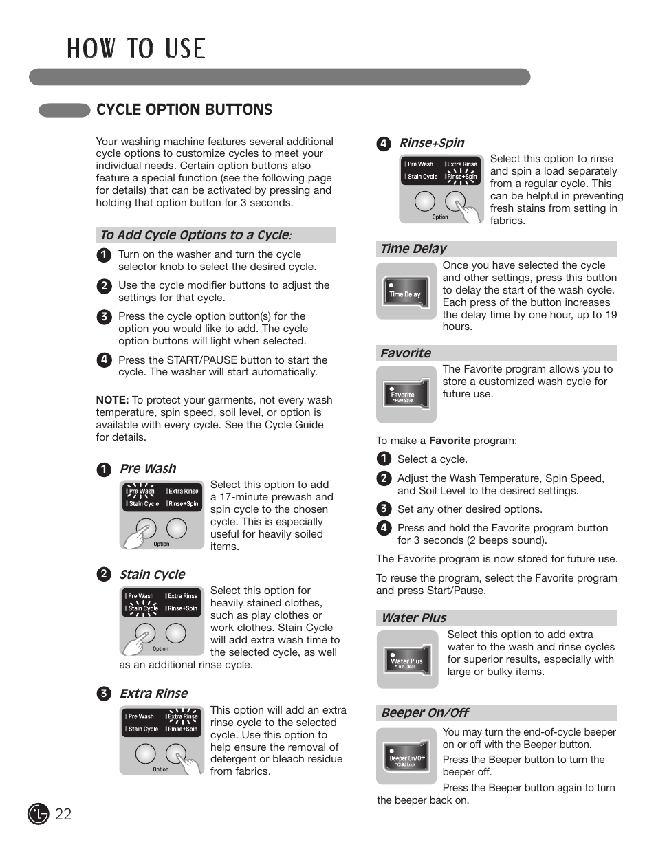 H o w to u s e, Cycle option buttons | LG WM1377HW User Manual | Page 23 / 101
