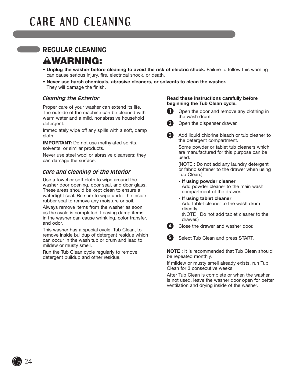 Wwarning, Regular cleaning | LG WM1377HW User Manual | Page 25 / 101