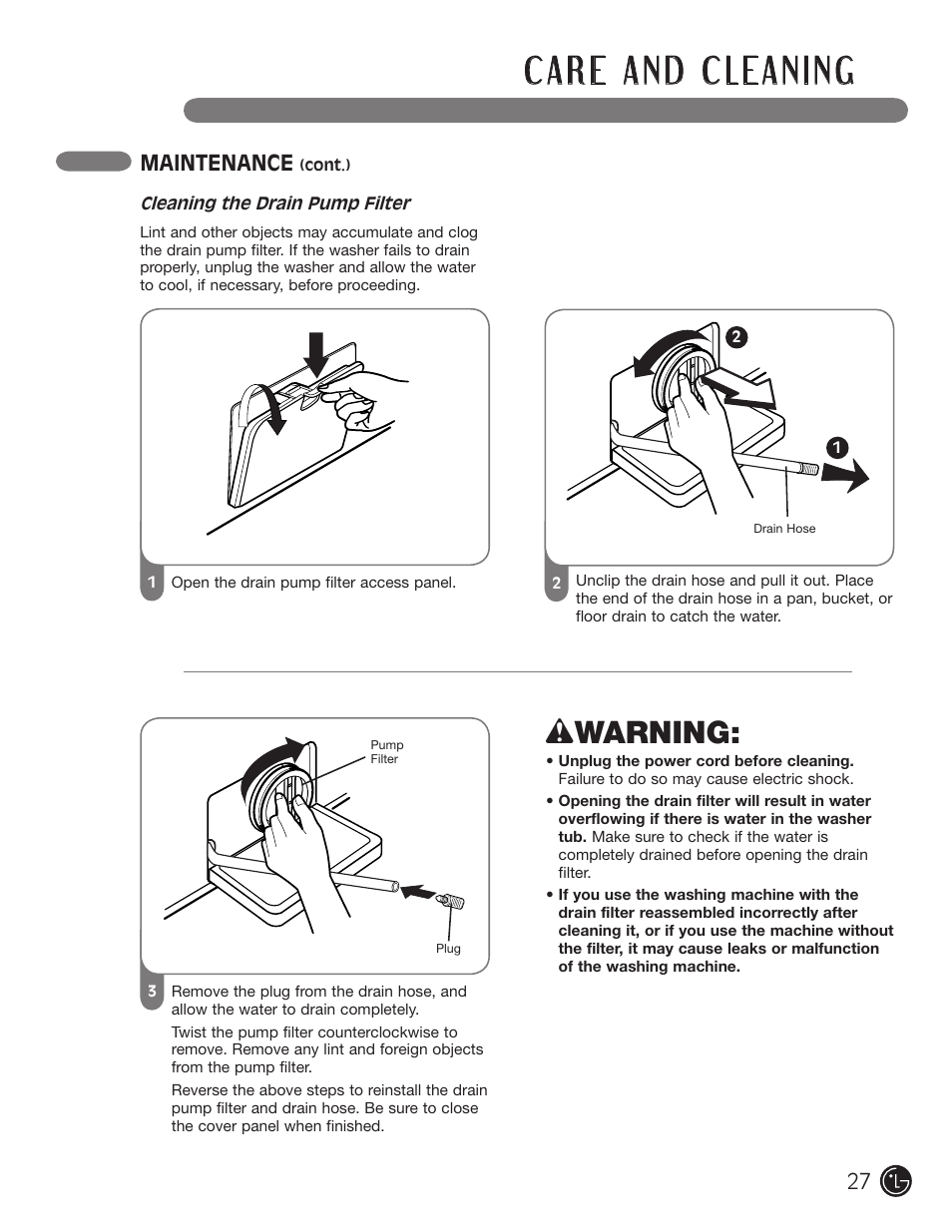 Wwarning, Maintenance | LG WM1377HW User Manual | Page 28 / 101