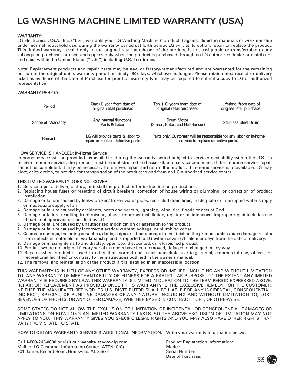 Lg washing machine limited warranty (usa) | LG WM1377HW User Manual | Page 34 / 101