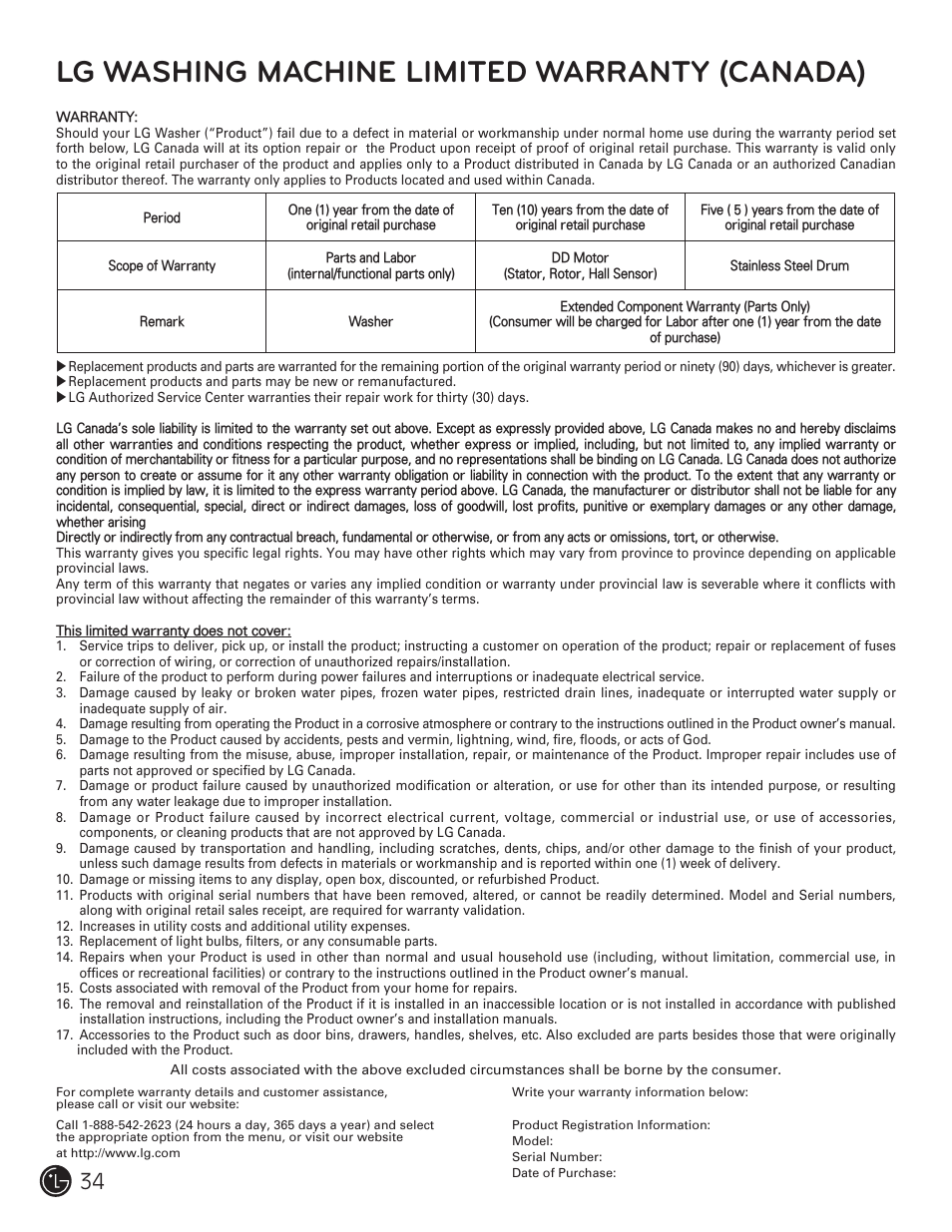 Lg washing machine limited warranty (canada) | LG WM1377HW User Manual | Page 35 / 101