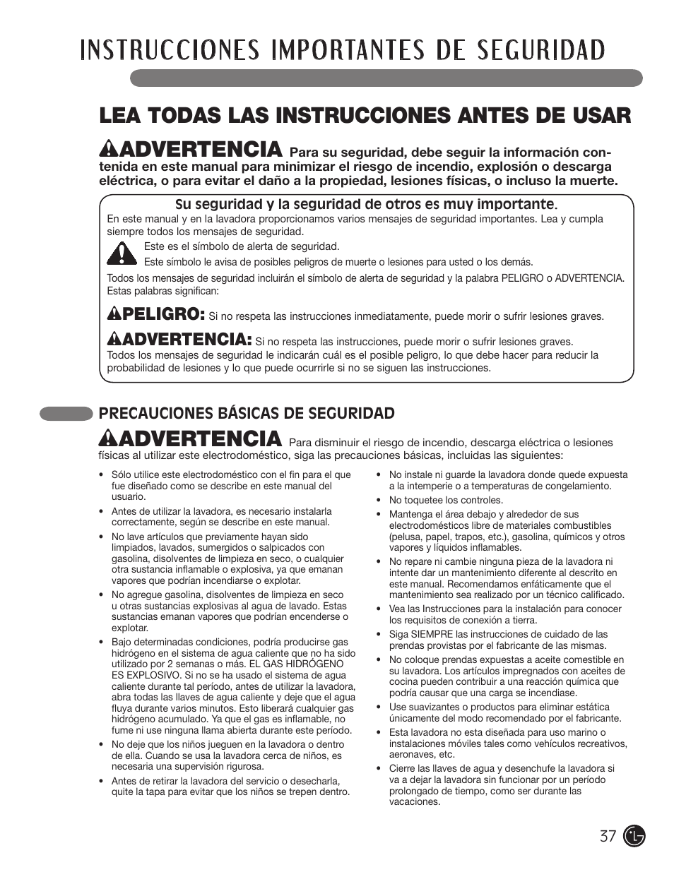 Lea todas las instrucciones antes de usar, Wpeligro, Wadvertencia | Precauciones básicas de seguridad | LG WM1377HW User Manual | Page 38 / 101