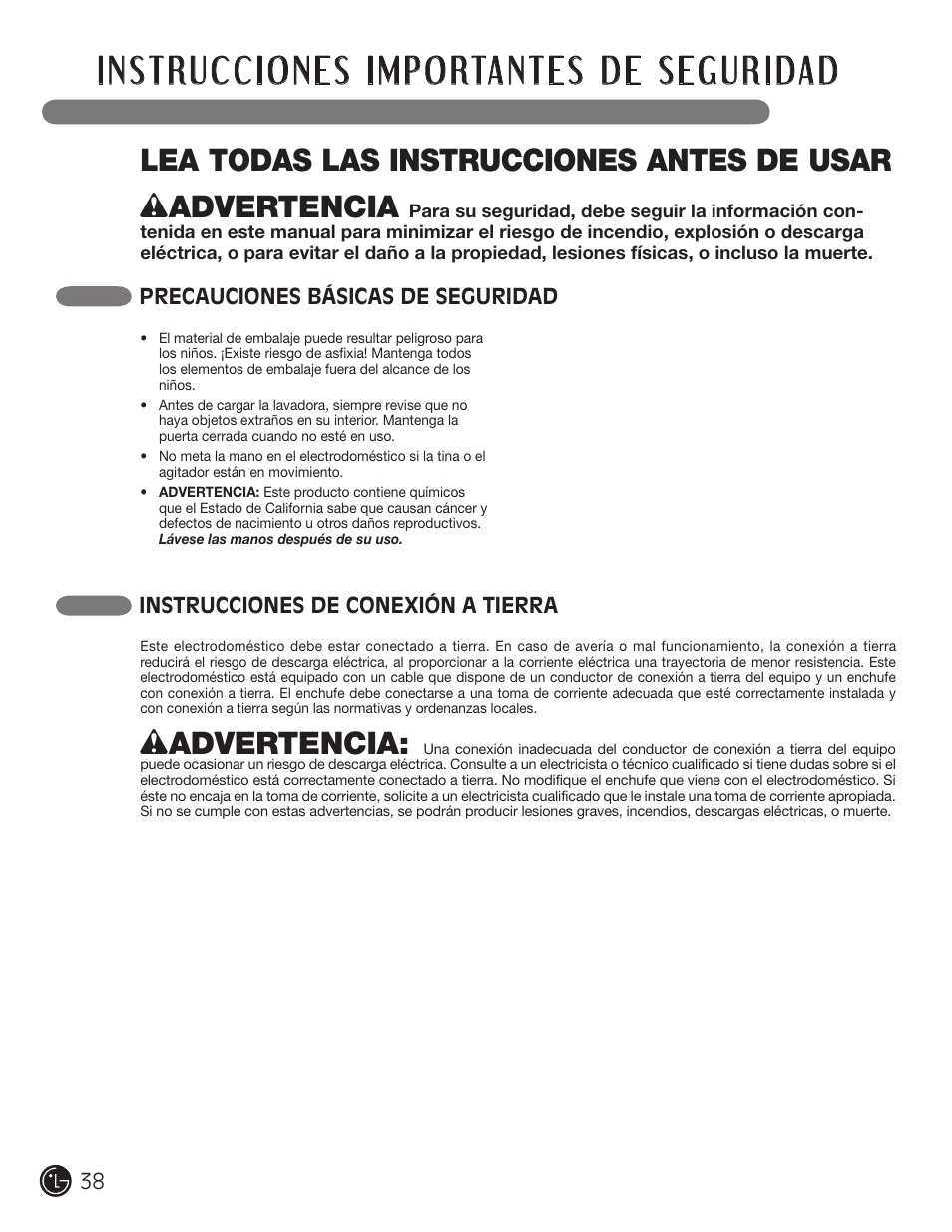 Wadvertencia, Lea todas las instrucciones antes de usar | LG WM1377HW User Manual | Page 39 / 101