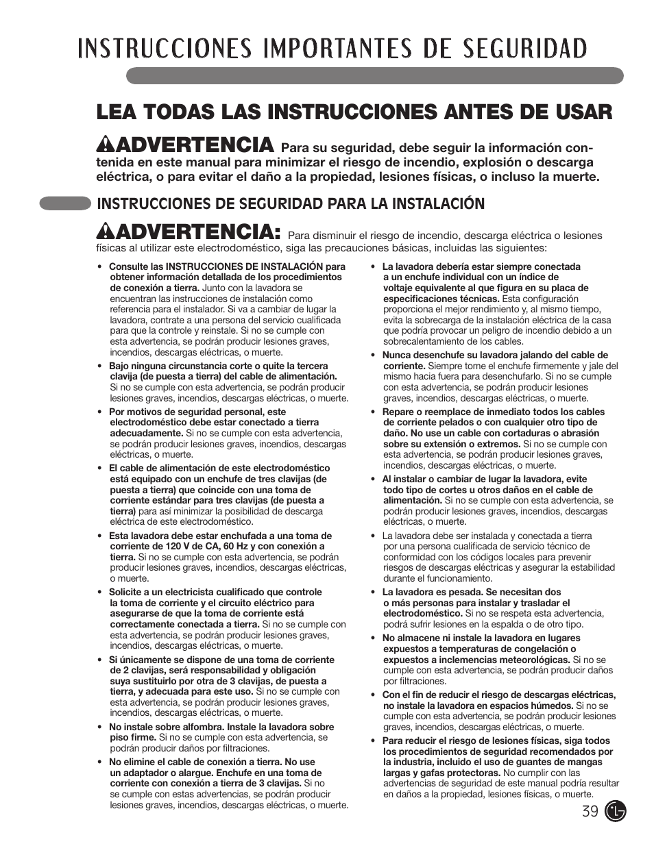 Wadvertencia, Lea todas las instrucciones antes de usar, Instrucciones de seguridad para la instalación | LG WM1377HW User Manual | Page 40 / 101