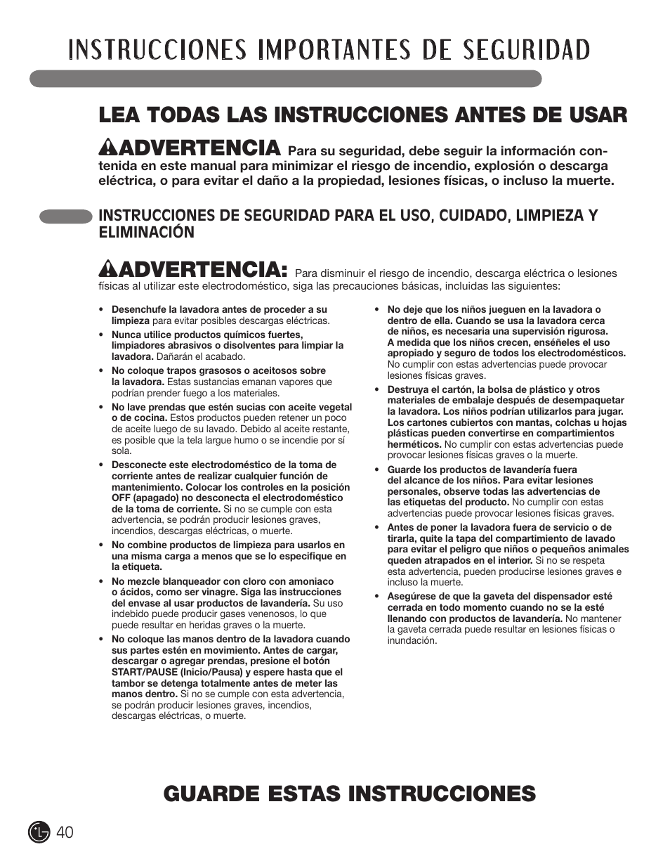 Wadvertencia | LG WM1377HW User Manual | Page 41 / 101