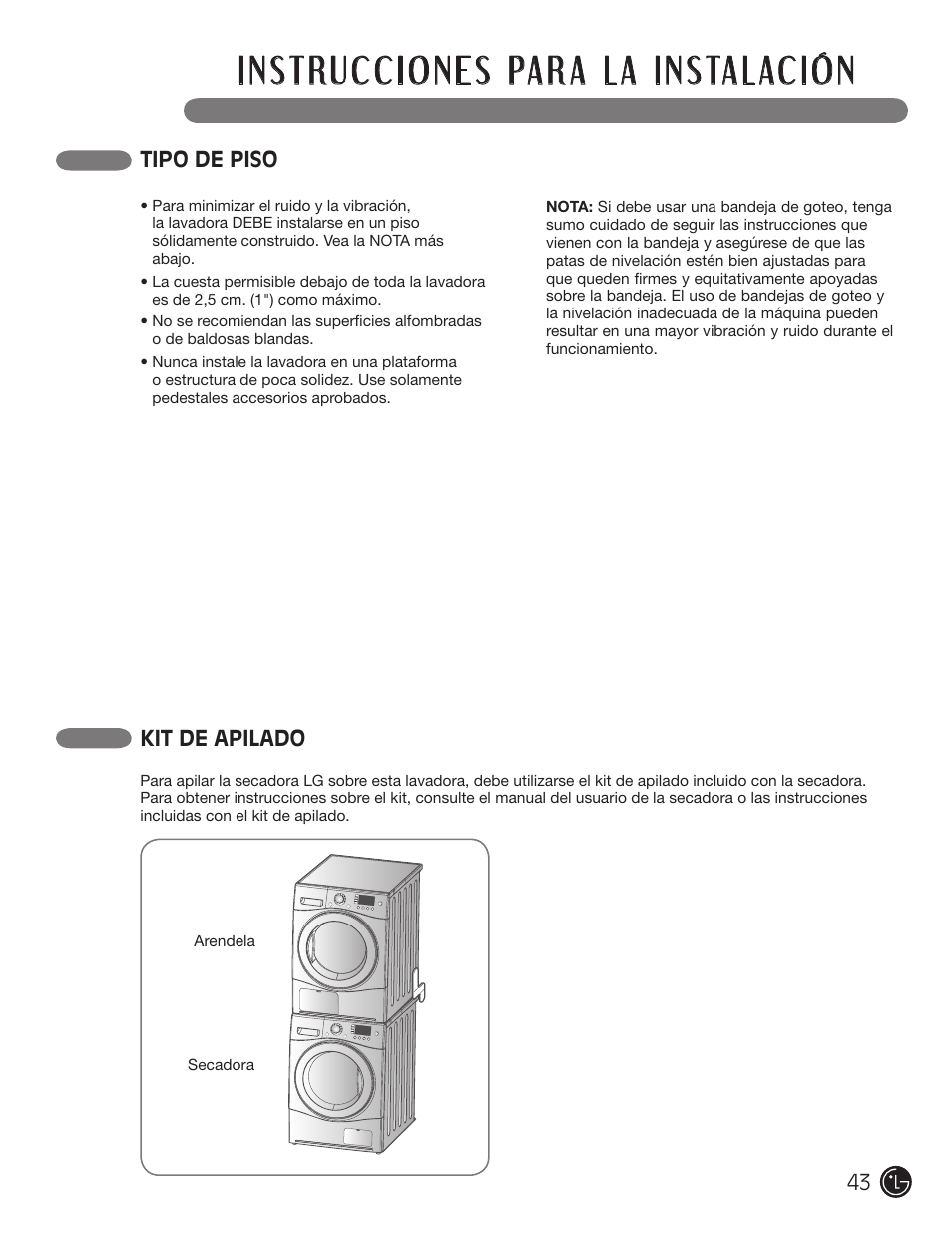 Tipo de piso, Kit de apilado | LG WM1377HW User Manual | Page 44 / 101