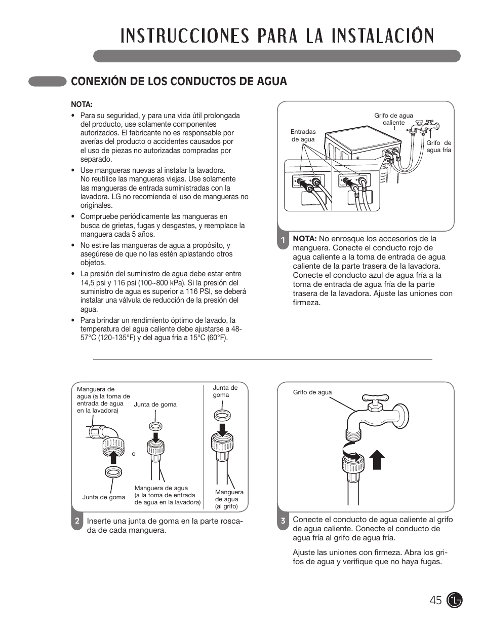 Conexión de los conductos de agua | LG WM1377HW User Manual | Page 46 / 101