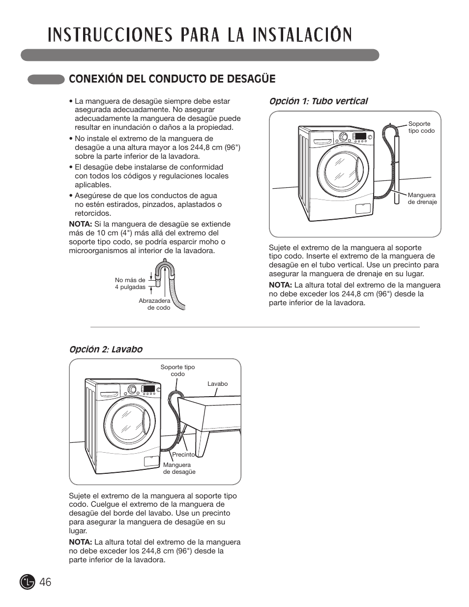 Conexión del conducto de desagüe | LG WM1377HW User Manual | Page 47 / 101