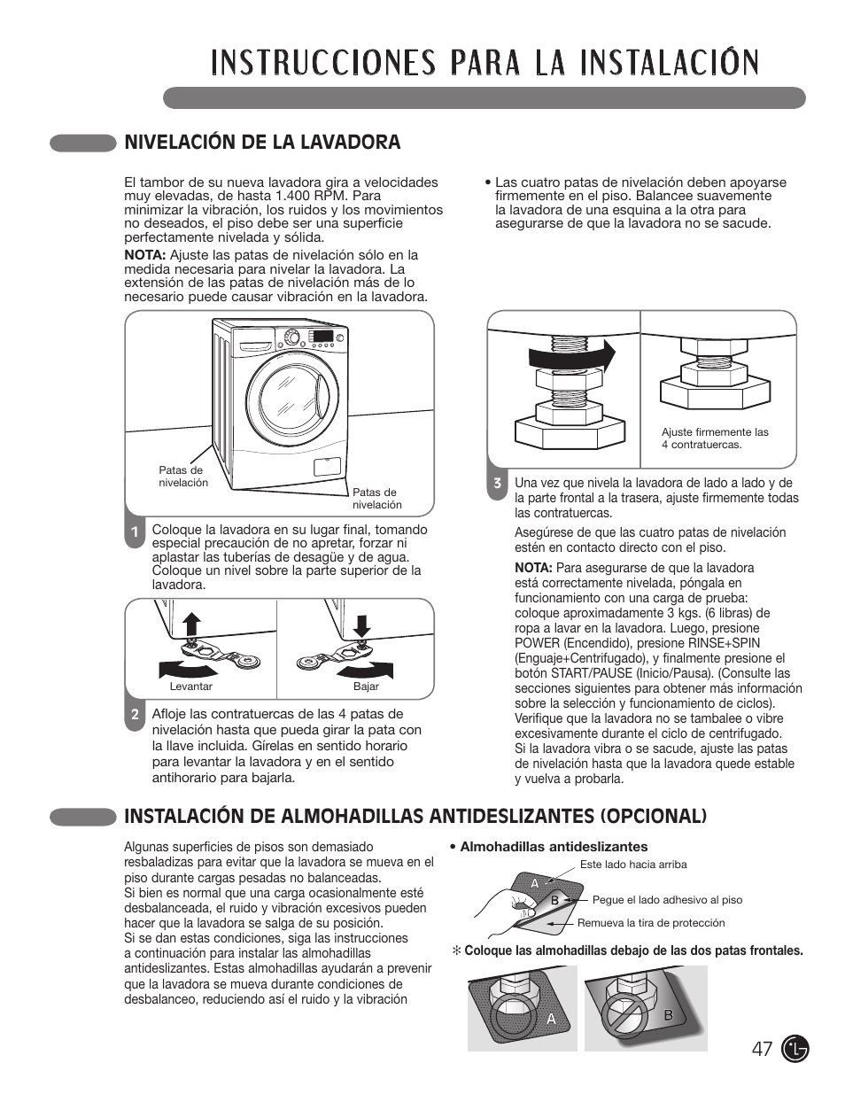 Nivelación de la lavadora | LG WM1377HW User Manual | Page 48 / 101