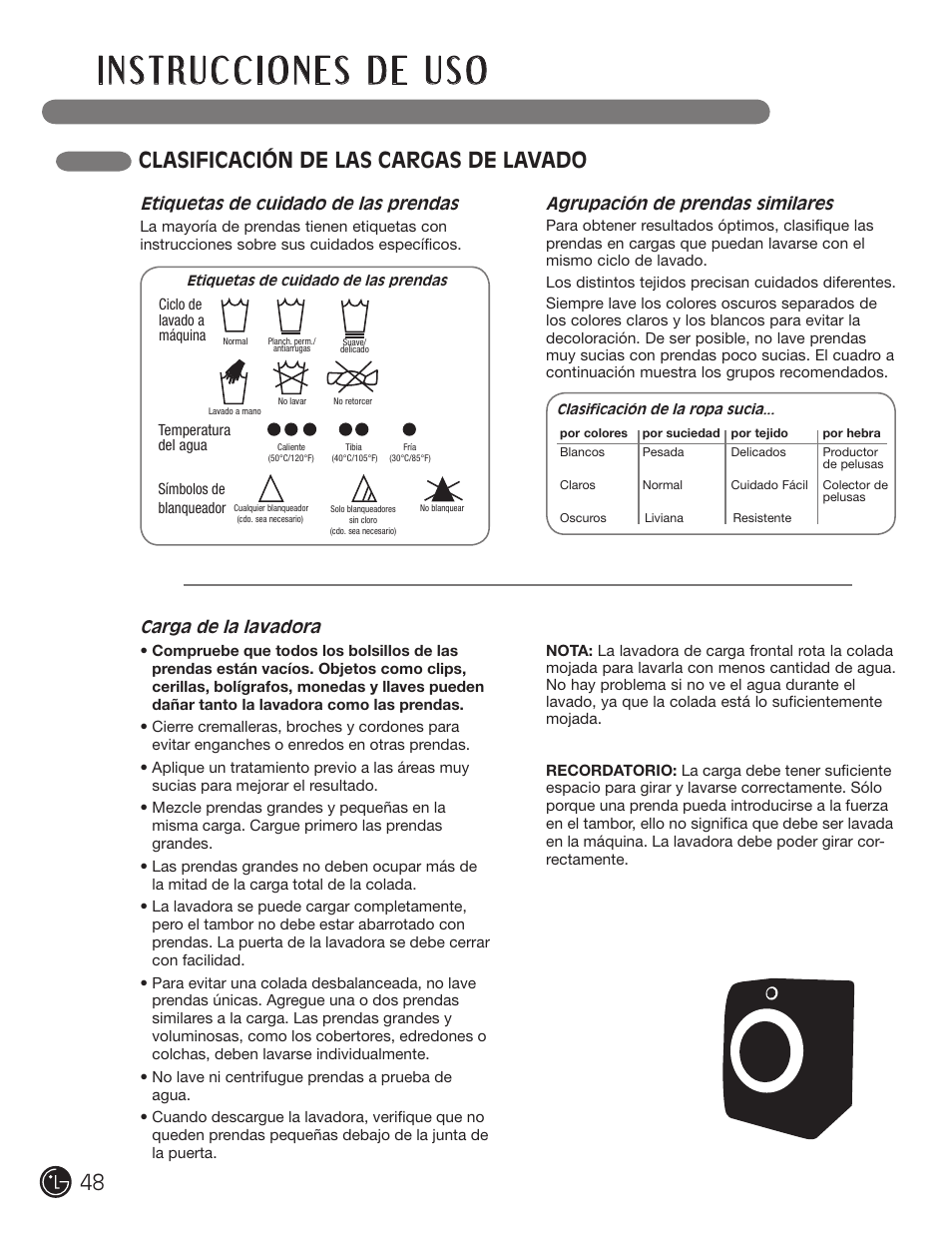 Clasificación de las cargas de lavado | LG WM1377HW User Manual | Page 49 / 101