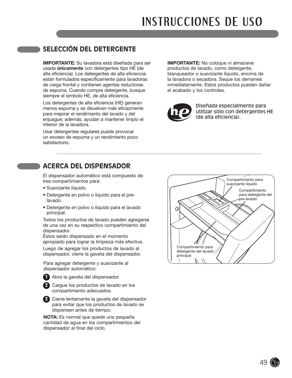 Selección del detergente acerca del dispensador | LG WM1377HW User Manual | Page 50 / 101