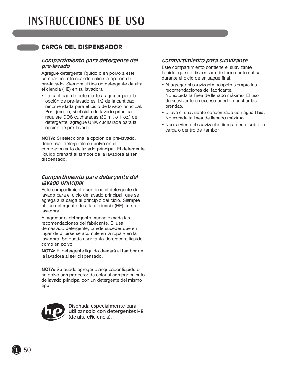 Carga del dispensador | LG WM1377HW User Manual | Page 51 / 101