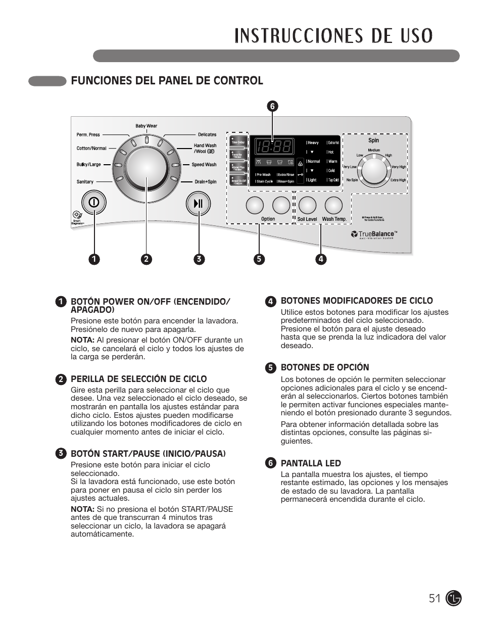 Funciones del panel de control | LG WM1377HW User Manual | Page 52 / 101