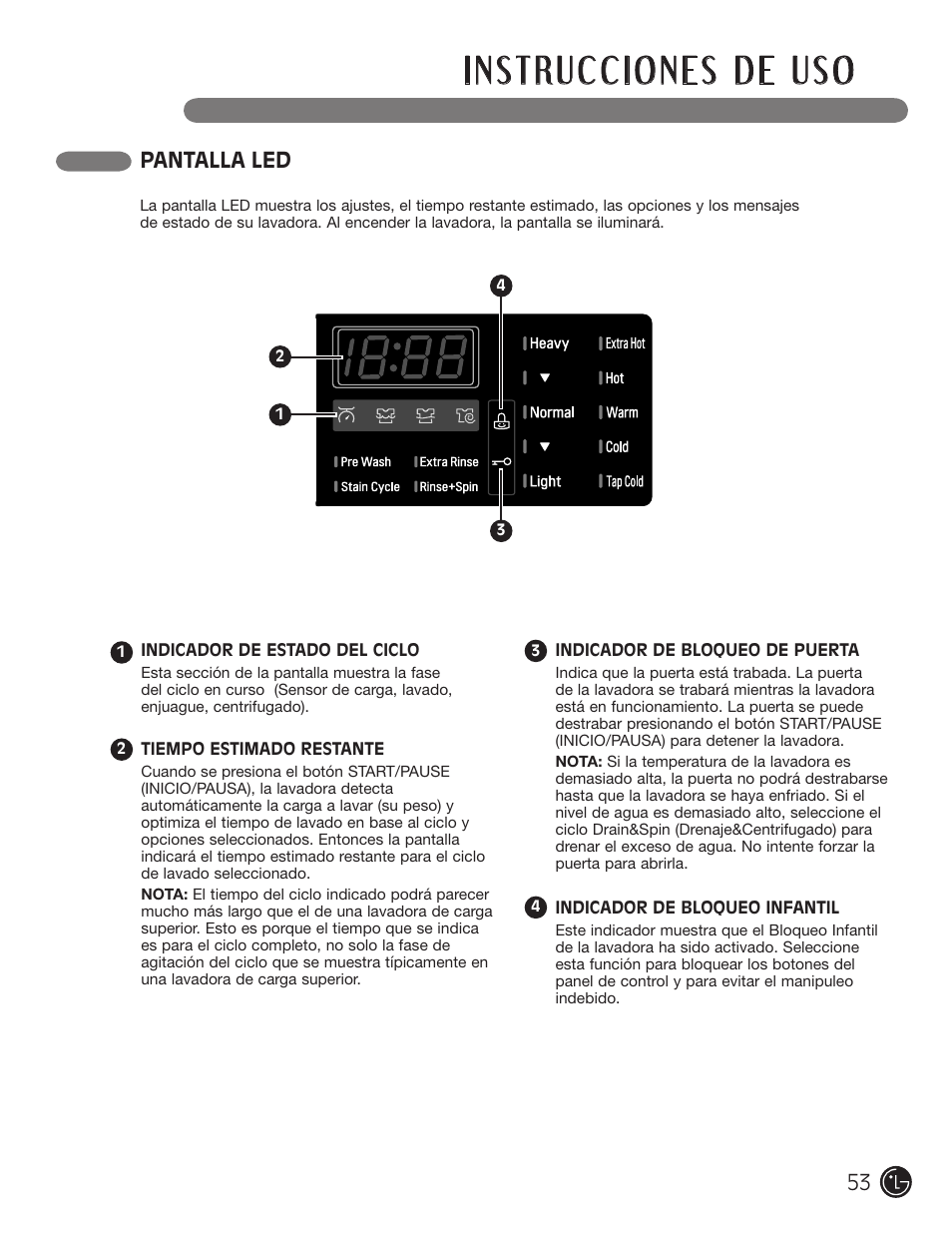Pantalla led | LG WM1377HW User Manual | Page 54 / 101