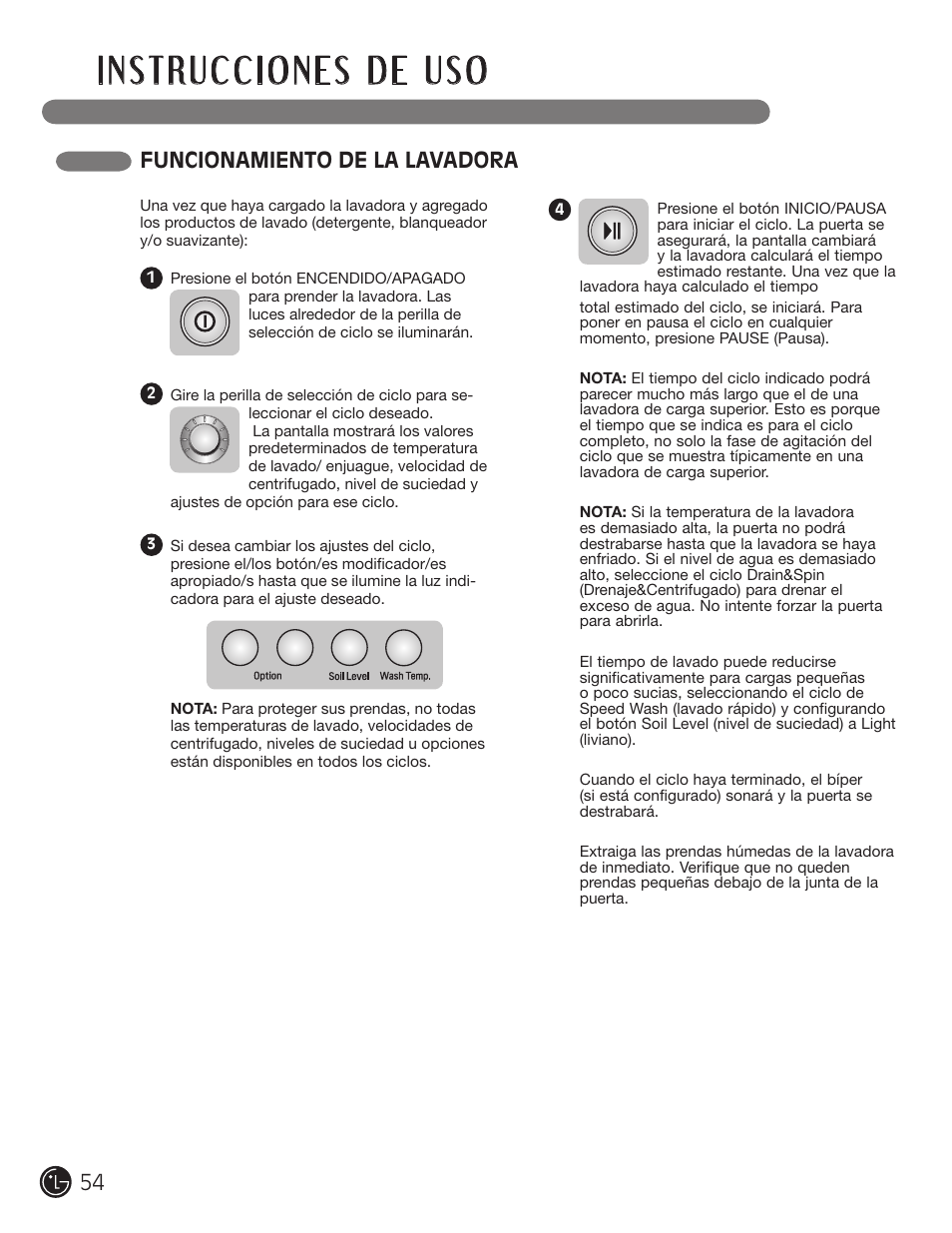 Funcionamiento de la lavadora | LG WM1377HW User Manual | Page 55 / 101