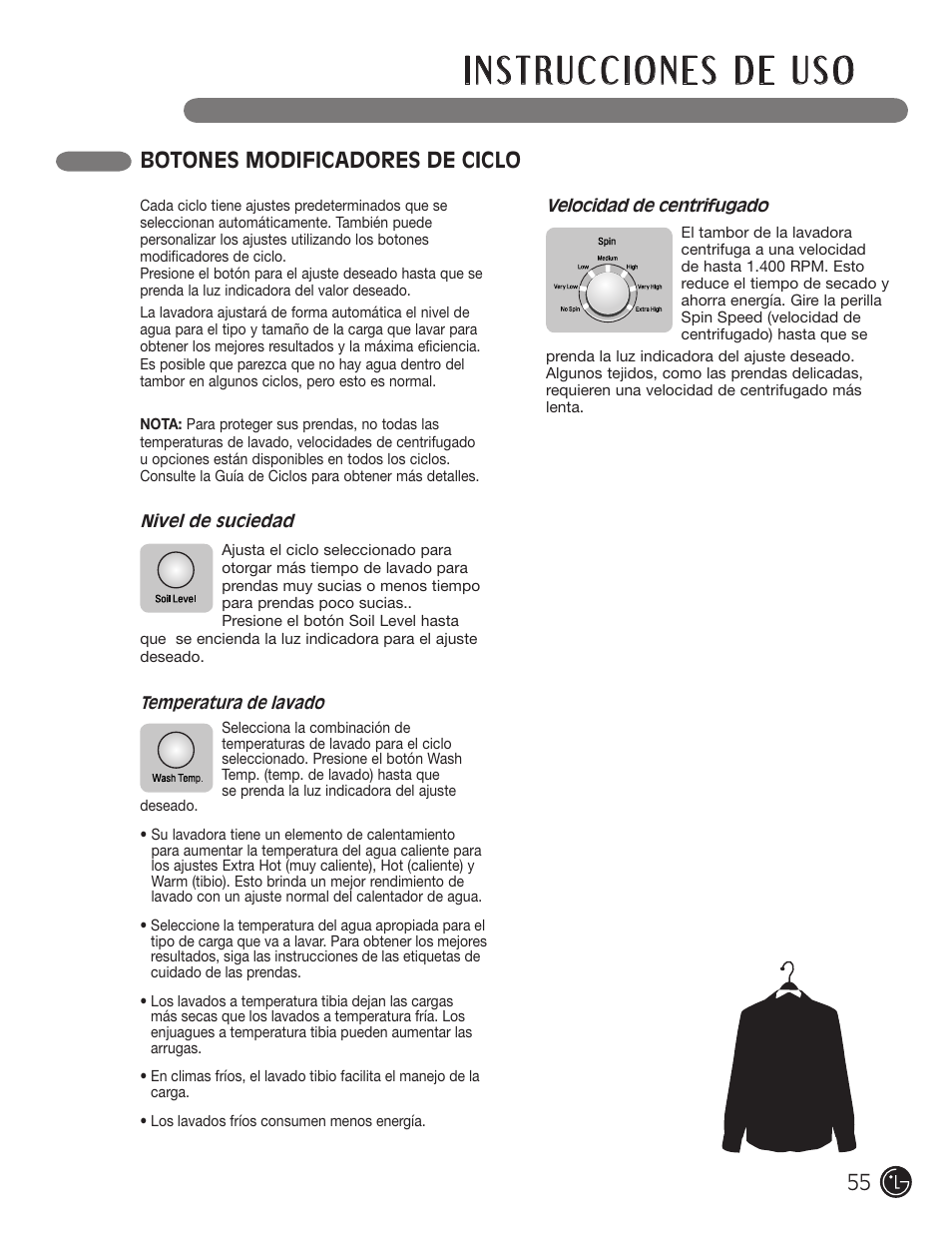 Botones modificadores de ciclo | LG WM1377HW User Manual | Page 56 / 101