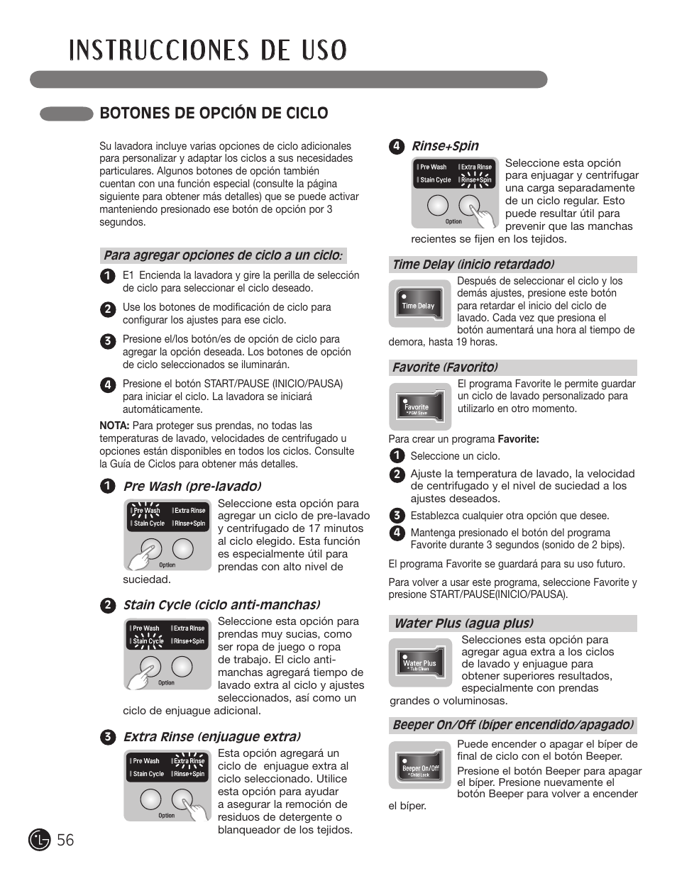Botones de opción de ciclo | LG WM1377HW User Manual | Page 57 / 101