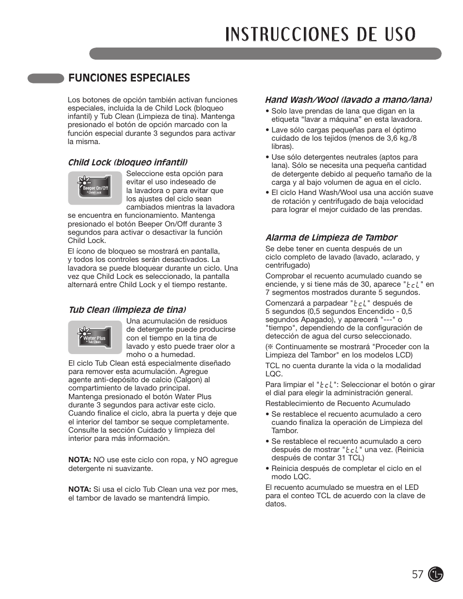 Funciones especiales | LG WM1377HW User Manual | Page 58 / 101
