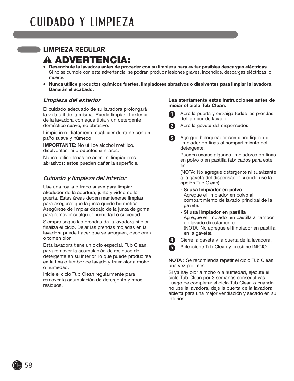 Wadvertencia, Limpieza regular | LG WM1377HW User Manual | Page 59 / 101