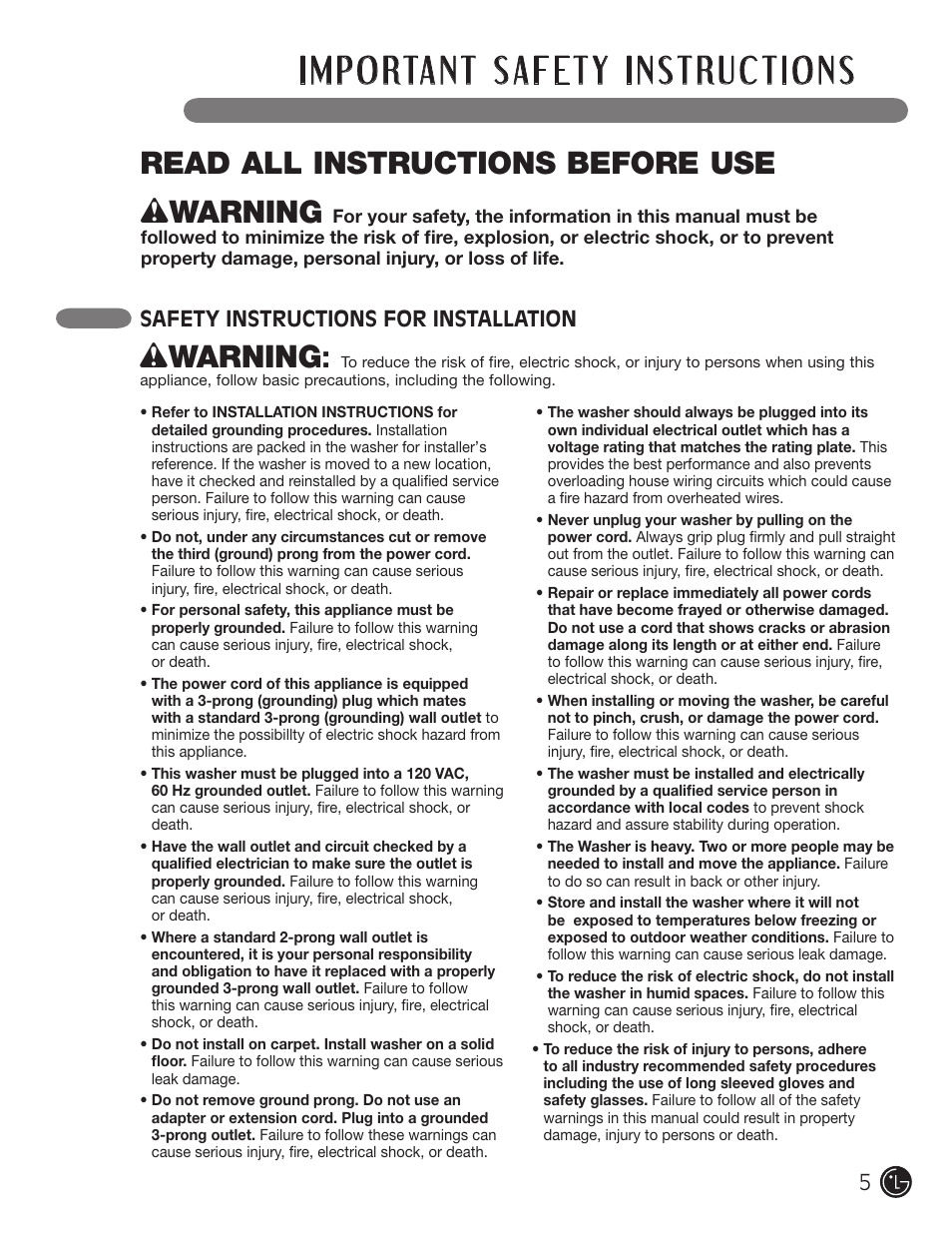 Wwarning, Read all instructions before use, Safety instructions for installation | LG WM1377HW User Manual | Page 6 / 101