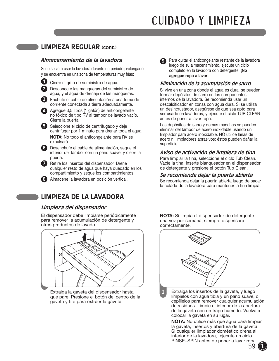 Limpieza de la lavadora, Limpieza regular | LG WM1377HW User Manual | Page 60 / 101
