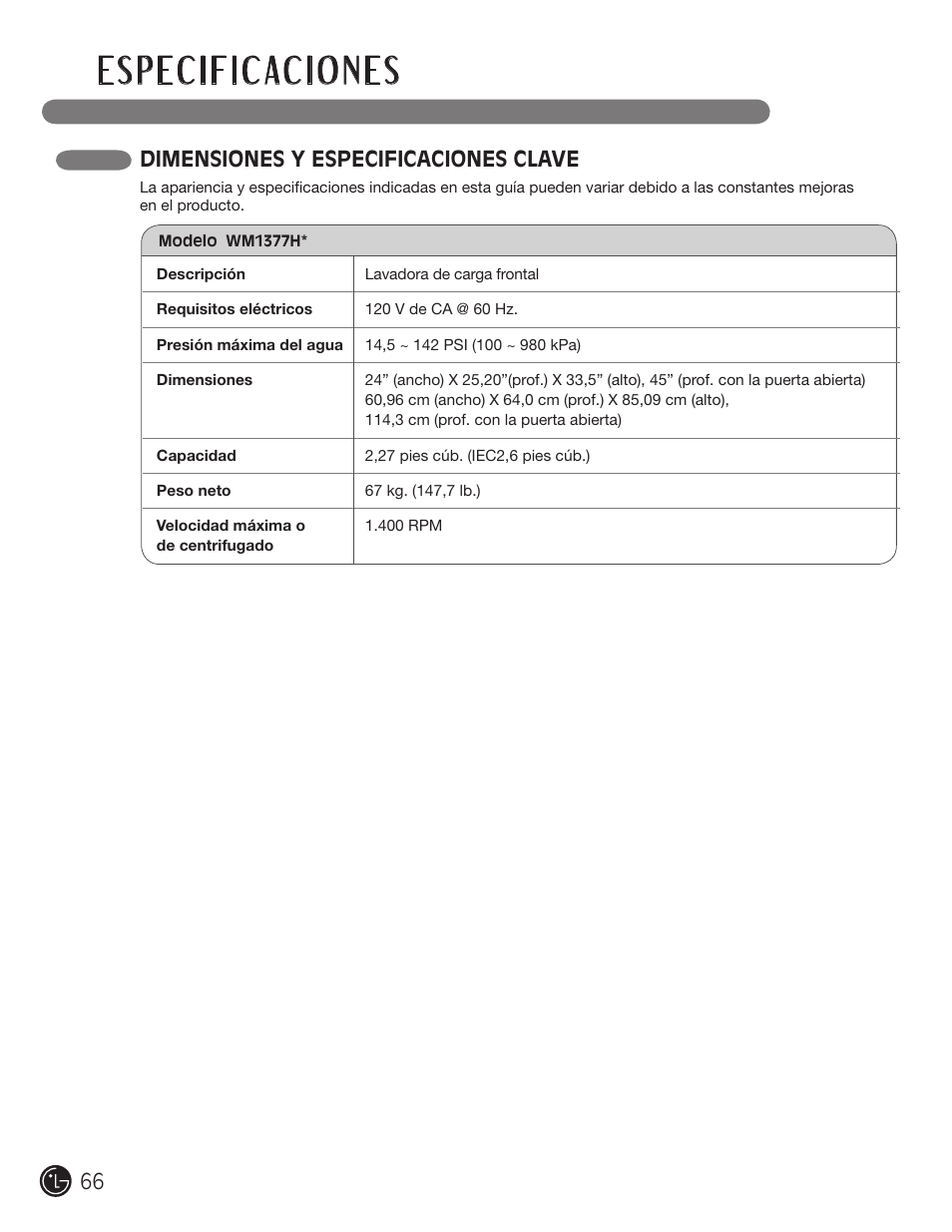 Dimensiones y especificaciones clave | LG WM1377HW User Manual | Page 67 / 101