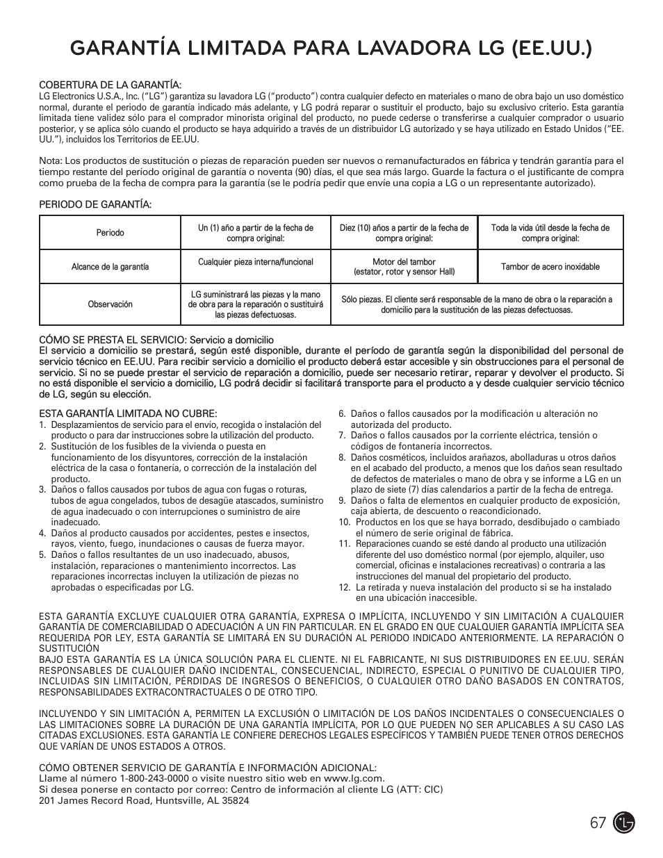 Garantía limitada para lavadora lg (ee.uu.) | LG WM1377HW User Manual | Page 68 / 101