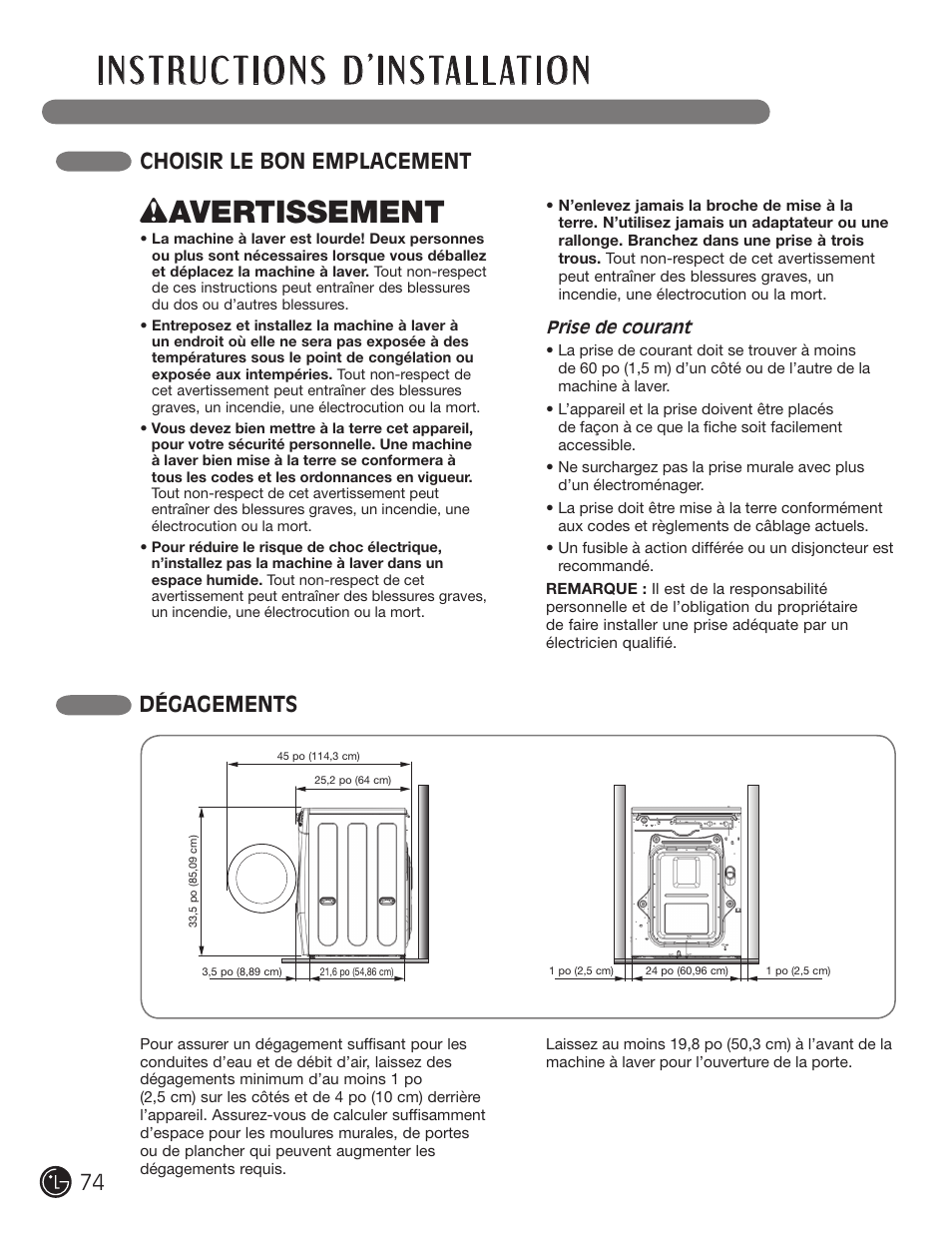 Wavertissement, Choisir le bon emplacement dégagements | LG WM1377HW User Manual | Page 75 / 101