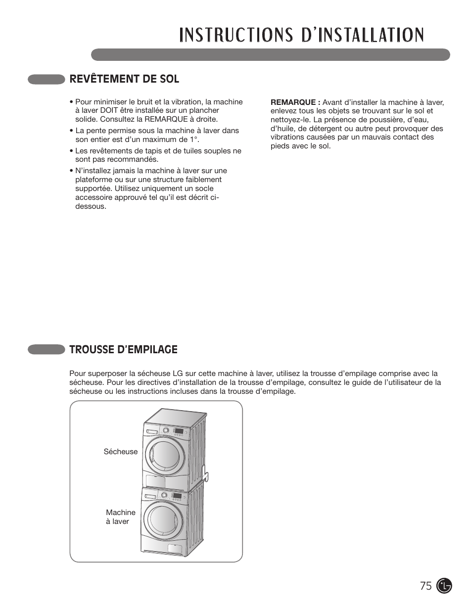 Revêtement de sol trousse d’empilage | LG WM1377HW User Manual | Page 76 / 101