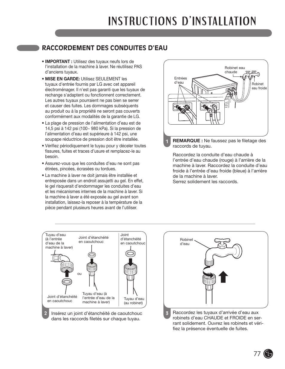 Raccordement des conduites d’eau | LG WM1377HW User Manual | Page 78 / 101