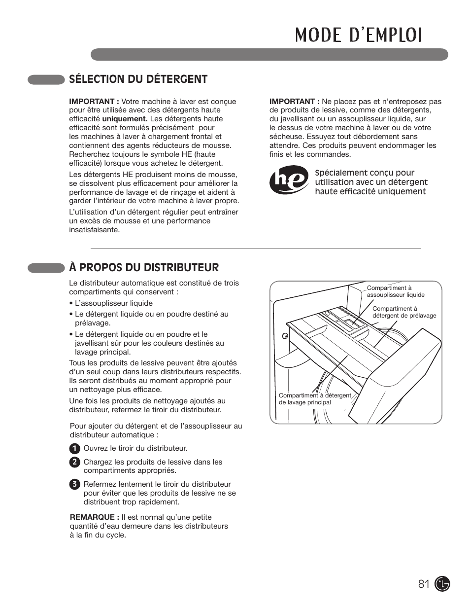 Sélection du détergent à propos du distributeur | LG WM1377HW User Manual | Page 82 / 101
