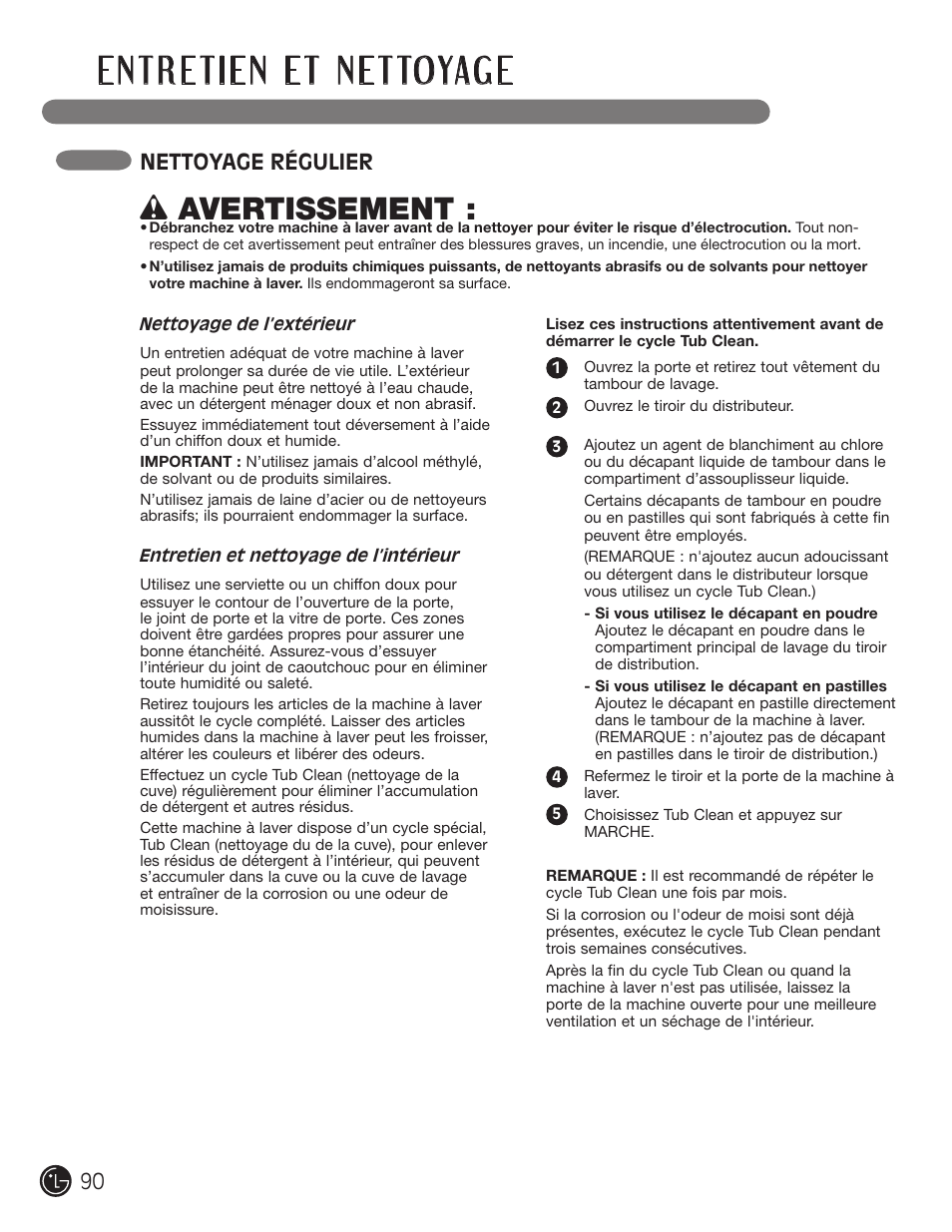 Wavertissement, Nettoyage régulier | LG WM1377HW User Manual | Page 91 / 101