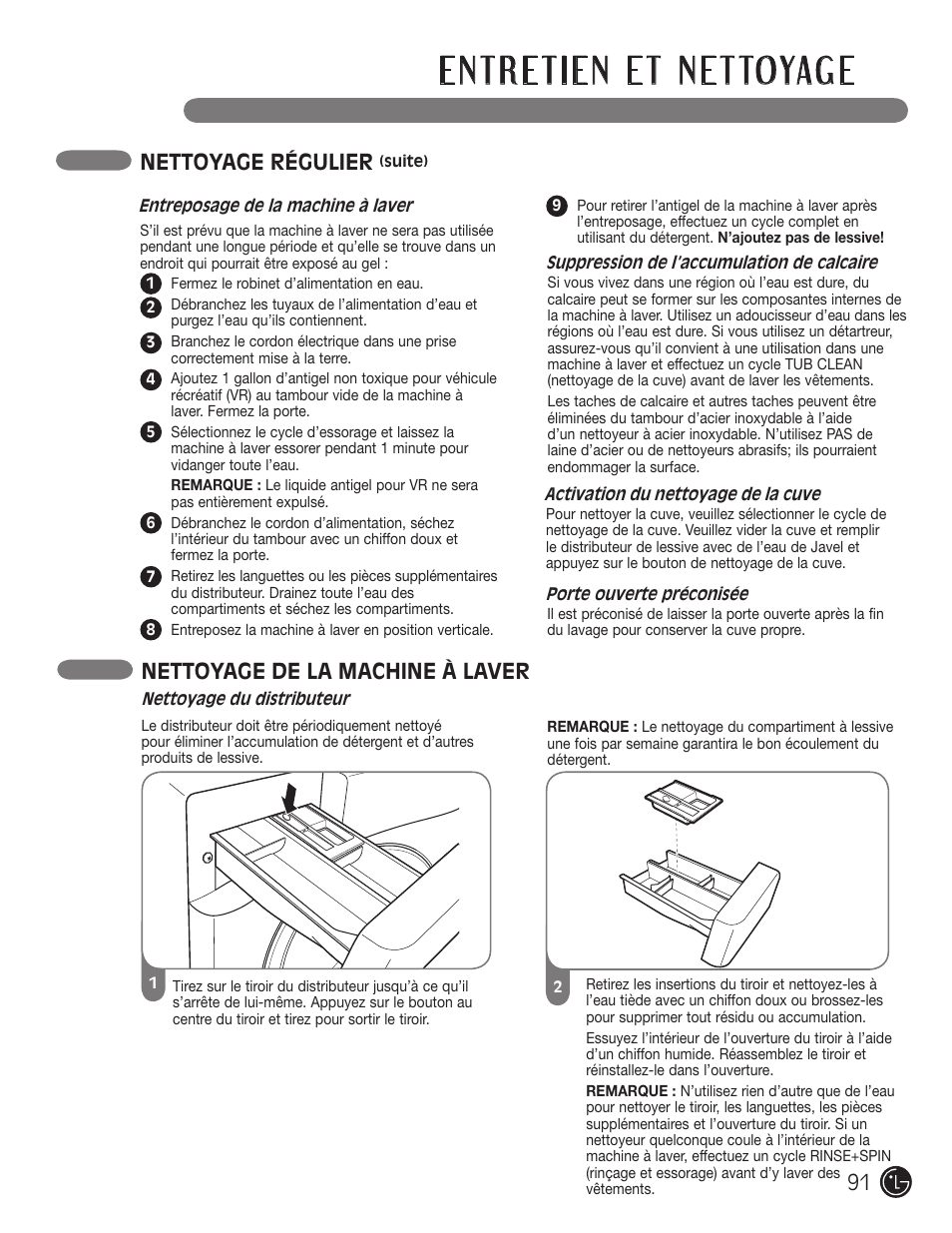 Nettoyage régulier, Nettoyage de la machine à laver | LG WM1377HW User Manual | Page 92 / 101