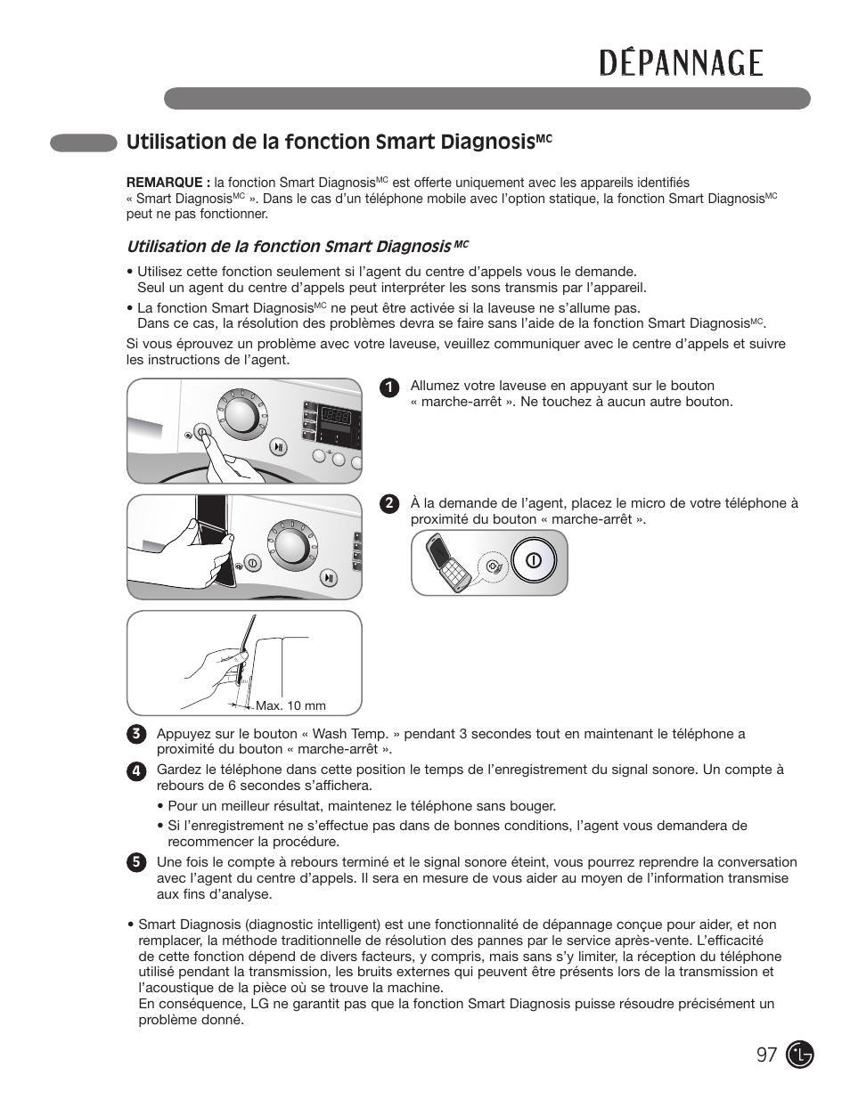 D é pa n n ag e, Utilisation de la fonction smart diagnosis | LG WM1377HW User Manual | Page 98 / 101
