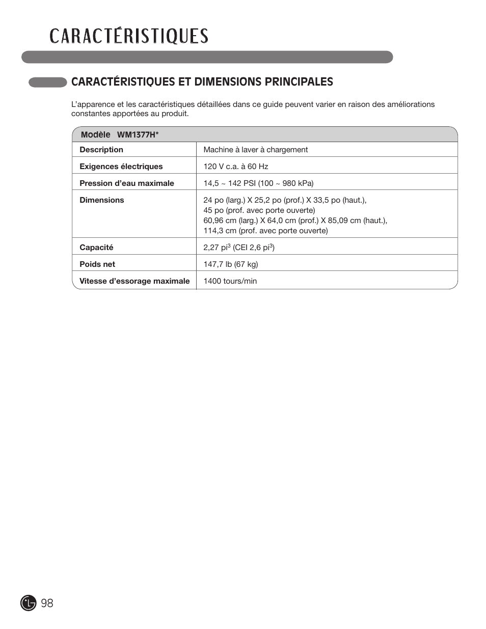 Caractéristiques et dimensions principales | LG WM1377HW User Manual | Page 99 / 101
