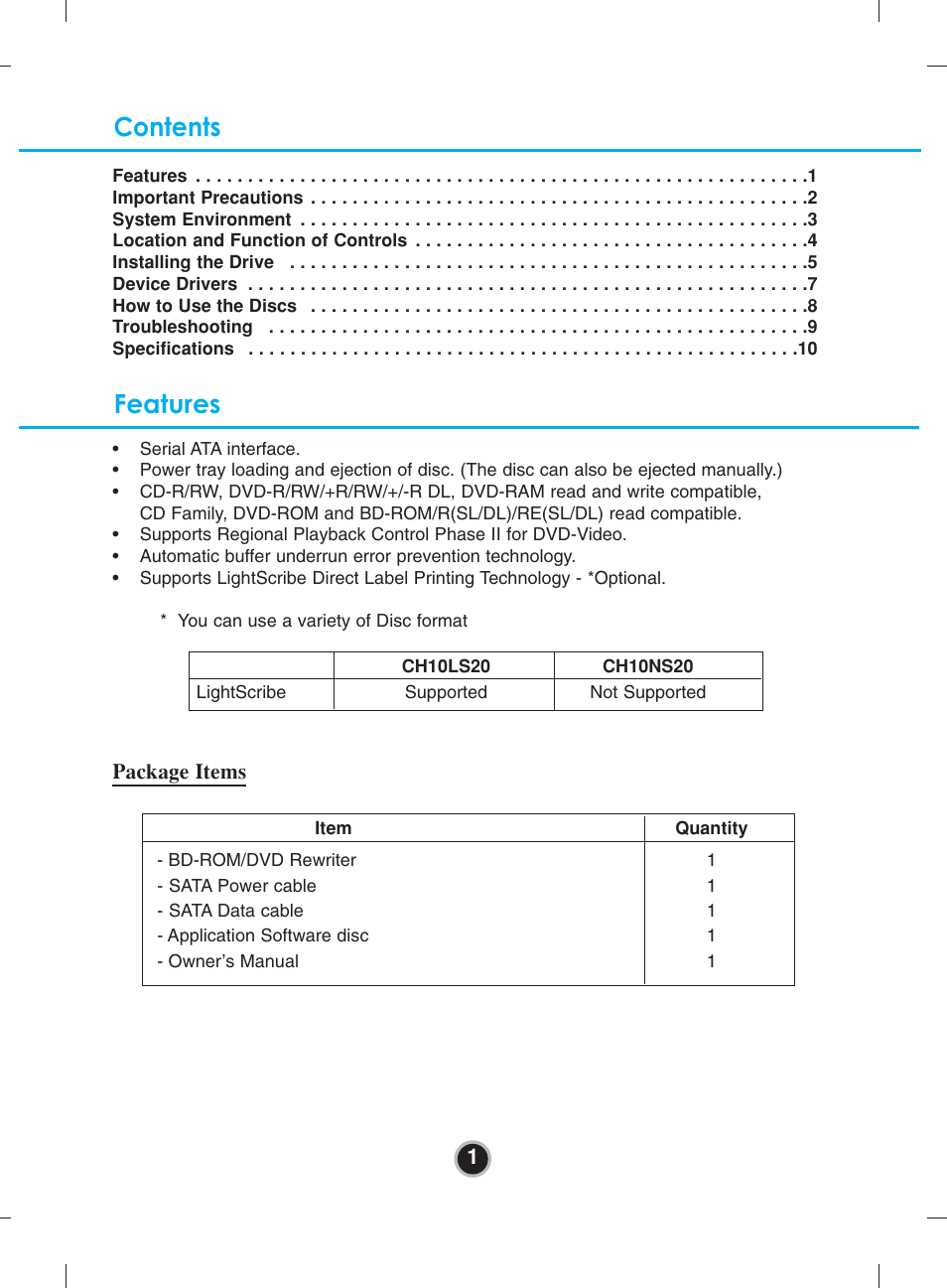 Contents features | LG CH10LS20 User Manual | Page 4 / 15