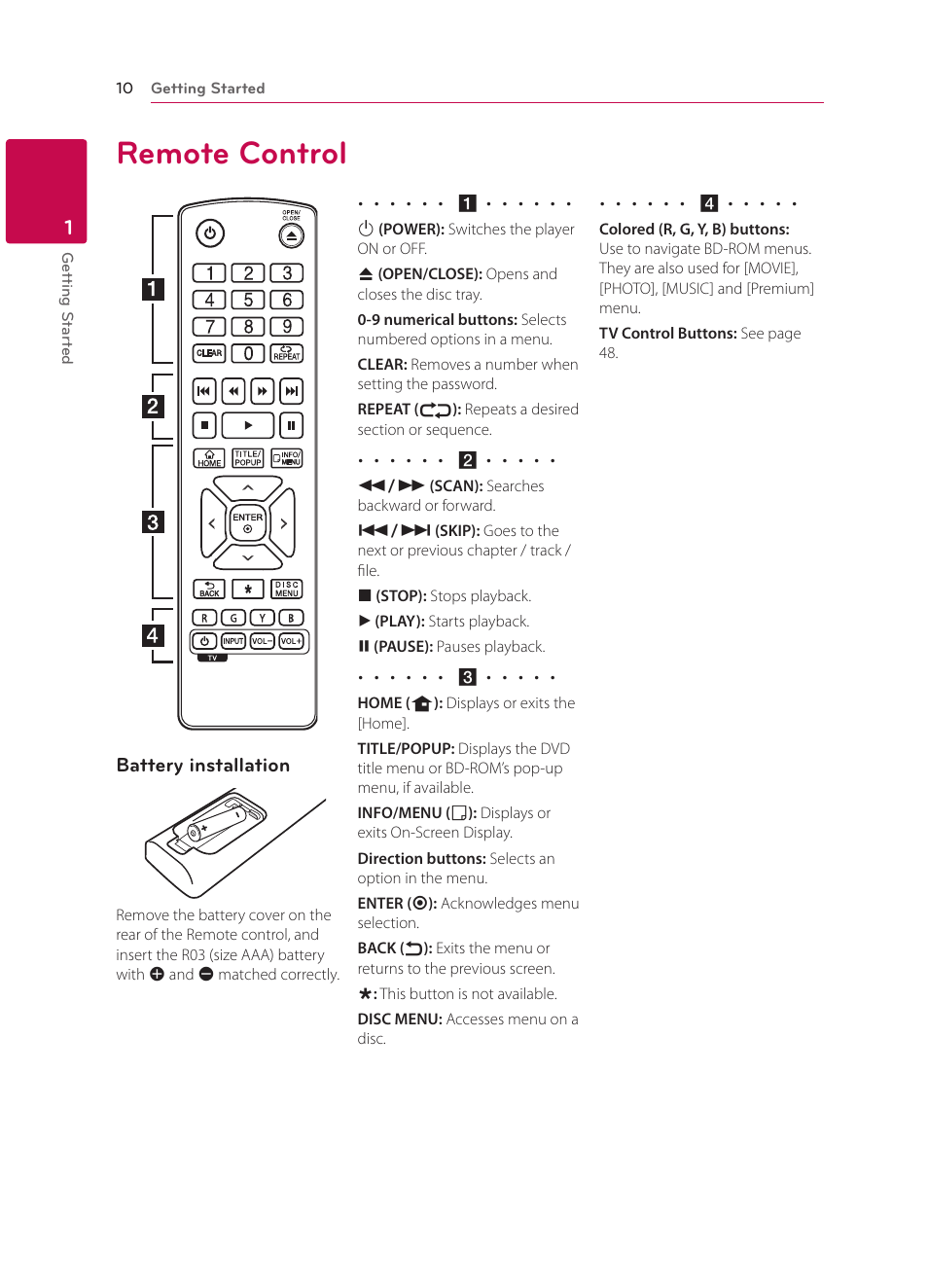 Remote control, 10 remote control, Battery installation | LG BP330 User Manual | Page 10 / 62