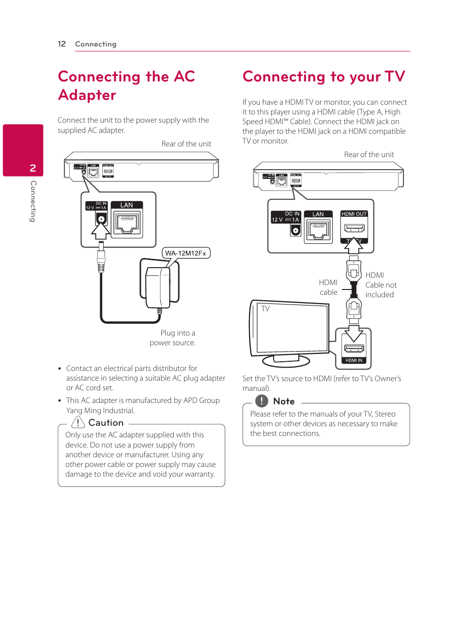 2 connecting, Connecting the ac adapter, Connecting to your tv | LG BP330 User Manual | Page 12 / 62