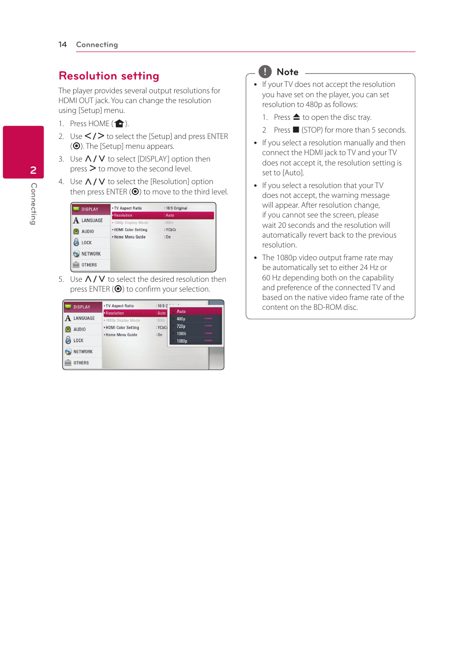 Resolution setting, 14 – resolution setting | LG BP330 User Manual | Page 14 / 62