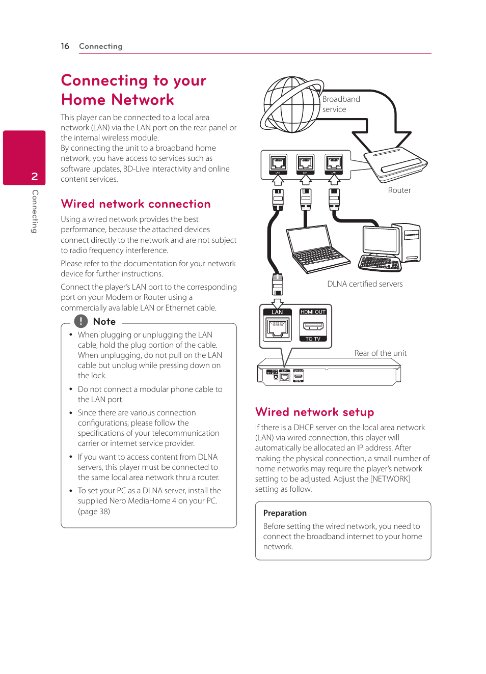 Connecting to your home network, Wired network connection, Wired network setup | LG BP330 User Manual | Page 16 / 62