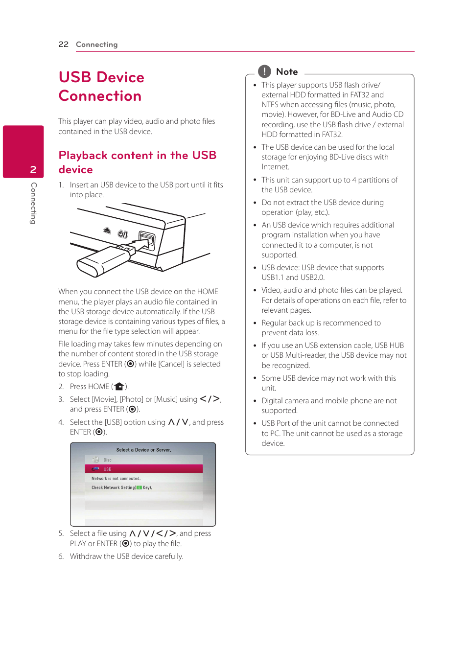 Usb device connection, Playback content in the usb device | LG BP330 User Manual | Page 22 / 62