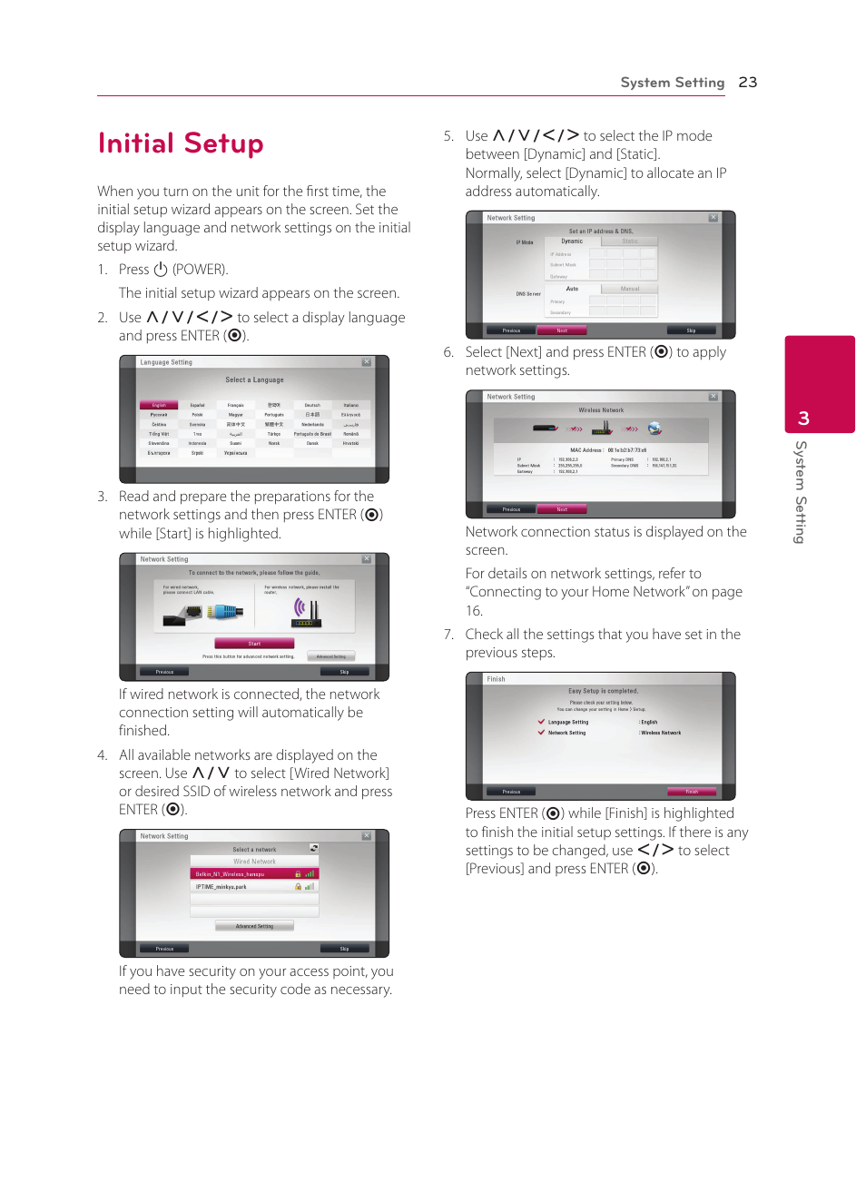 3 system setting, Initial setup, 23 initial setup | LG BP330 User Manual | Page 23 / 62