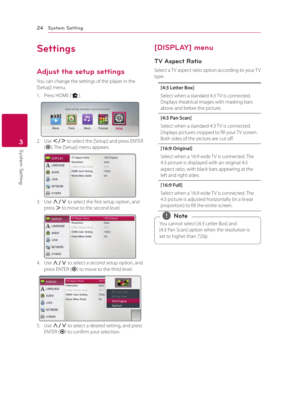 Settings, Adjust the setup settings, Display] menu | LG BP330 User Manual | Page 24 / 62