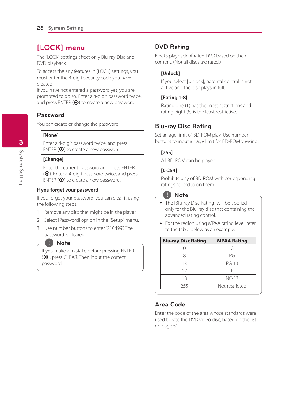 Lock] menu, 28 – [lock] menu | LG BP330 User Manual | Page 28 / 62